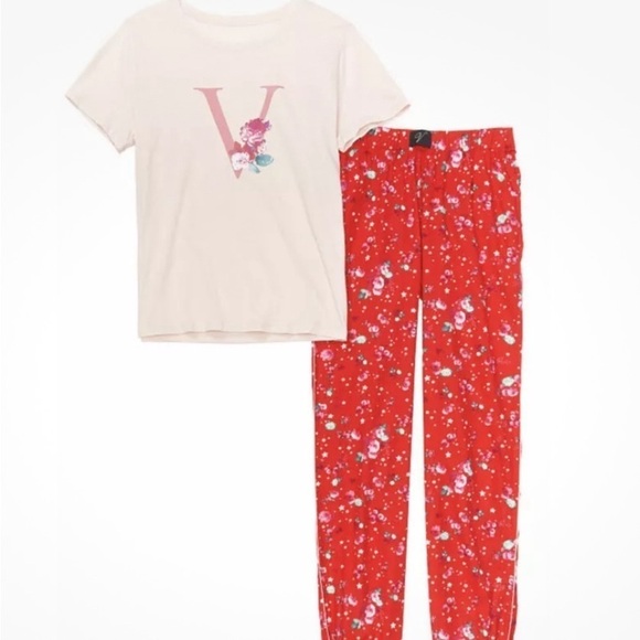 Victorias Secret Cotton And Flannel Pajama Set PJ Red Pink Starry Floral Size M - Picture 1 of 10